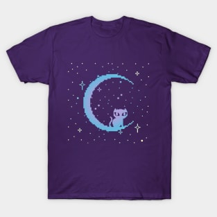 Celestial Pixel Cat & Moon T-Shirt